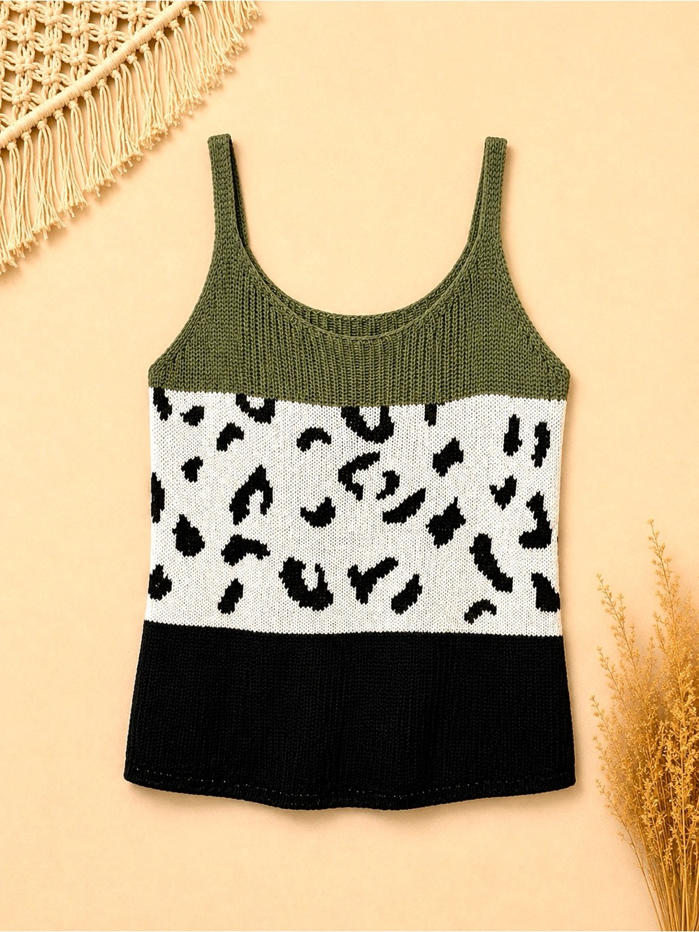 Olive Colorblock Leopard Knit Tank Top